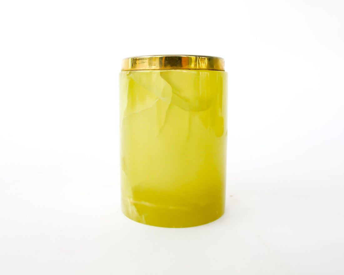 Small Yellow marble jar with brass rim