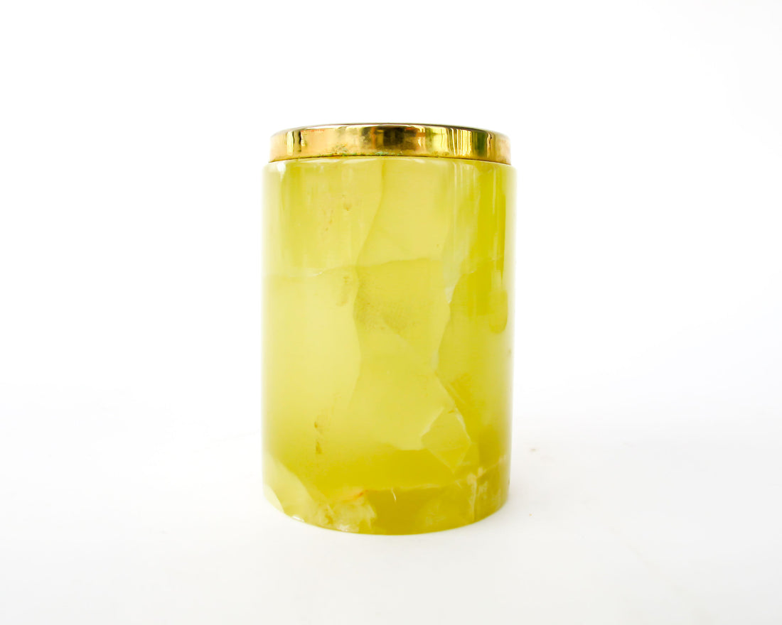 Small Yellow marble jar with brass rim