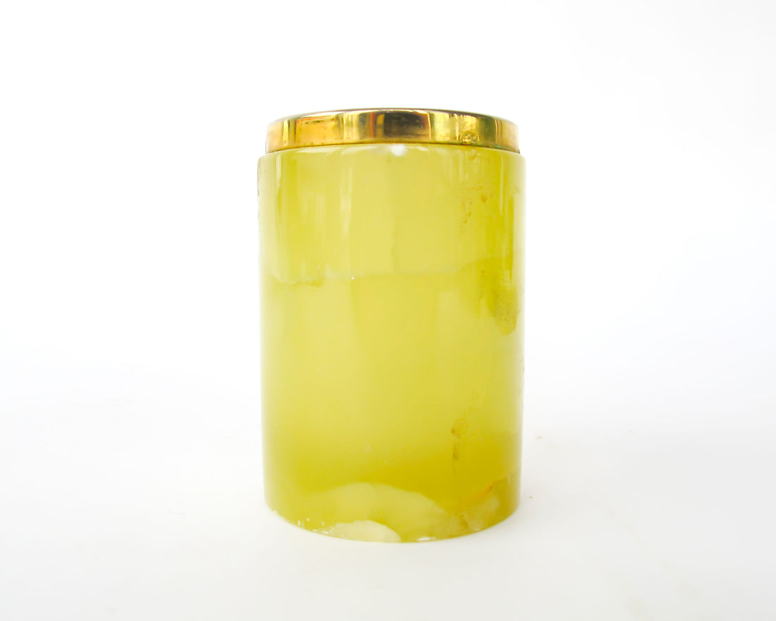 Small Yellow marble jar with brass rim