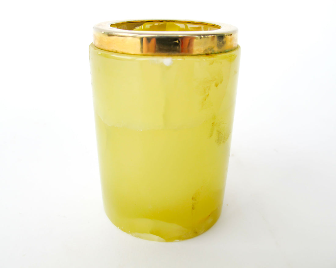 Small Yellow marble jar with brass rim