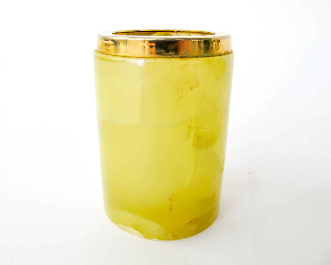 Small Yellow marble jar with brass rim