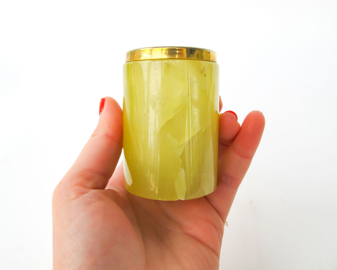 Small Yellow marble jar with brass rim