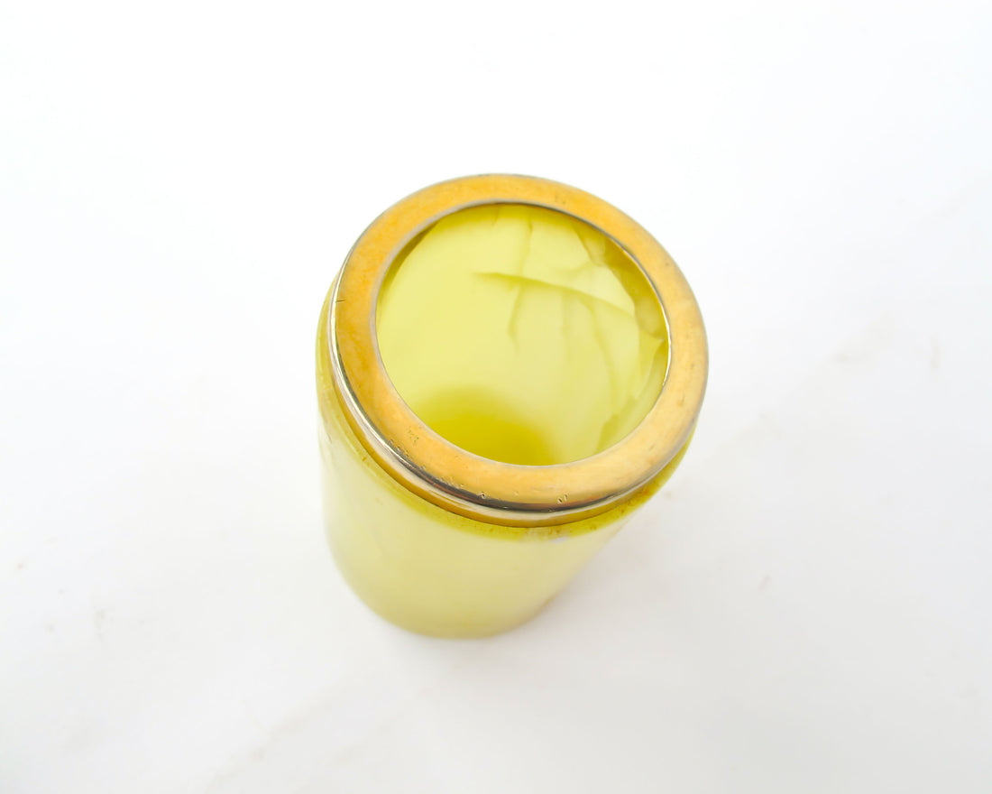 Small Yellow marble jar with brass rim