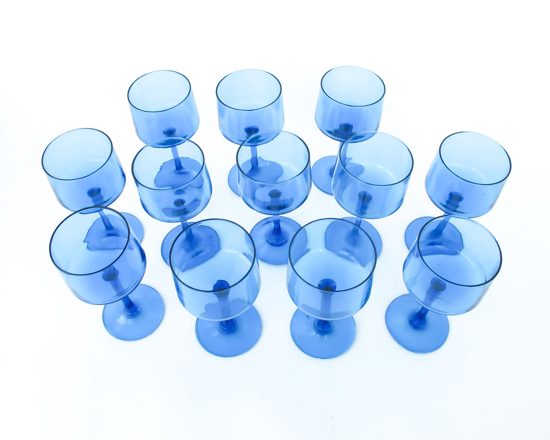 Set of 12 Midcentury Thin Vibrant Blue Stemmed Glasses