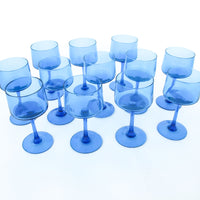 Set of 12 Midcentury Thin Vibrant Blue Stemmed Glasses