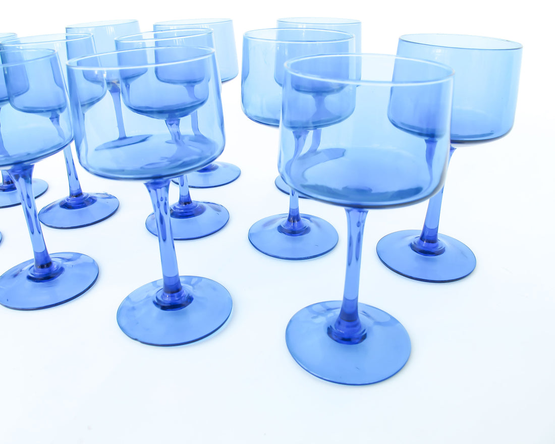 Set of 12 Midcentury Thin Vibrant Blue Stemmed Glasses