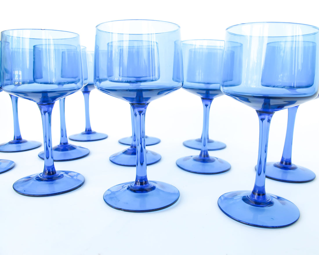 Set of 12 Midcentury Thin Vibrant Blue Stemmed Glasses