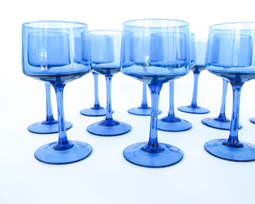 Set of 12 Midcentury Thin Vibrant Blue Stemmed Glasses