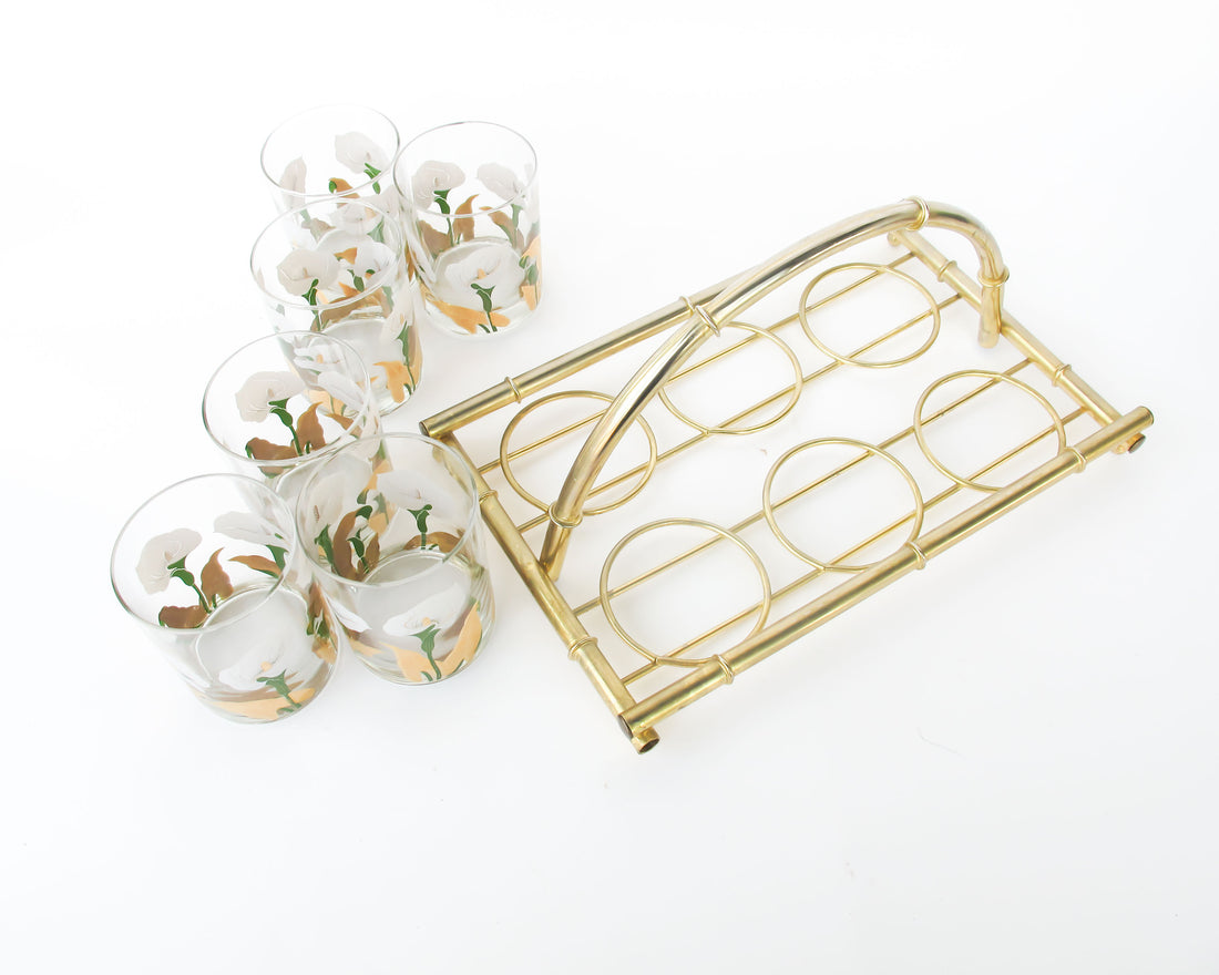 Set of 6 Culver Lilly glasses with Brass Bamboo Holder