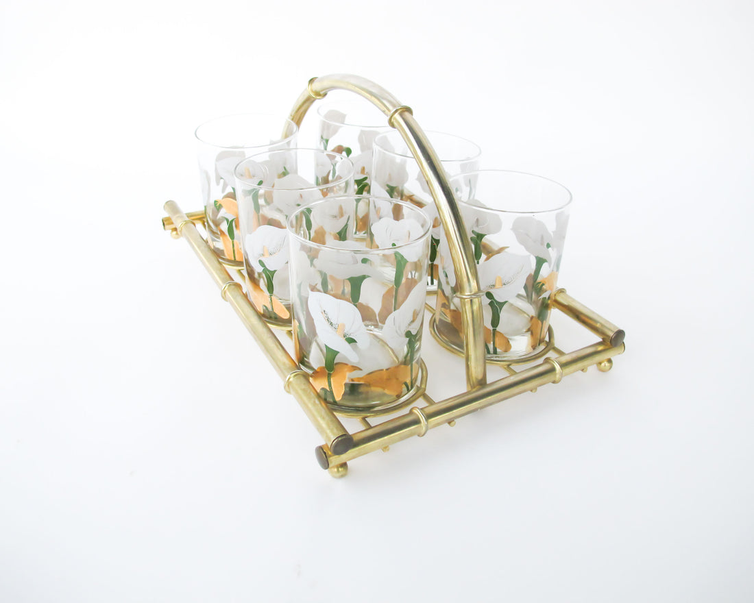 Set of 6 Culver Lilly glasses with Brass Bamboo Holder