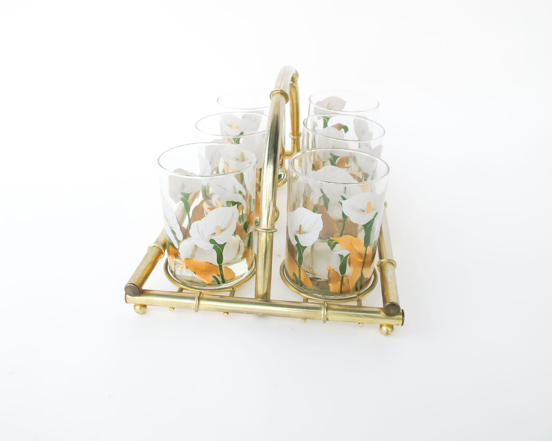 Set of 6 Culver Lilly glasses with Brass Bamboo Holder