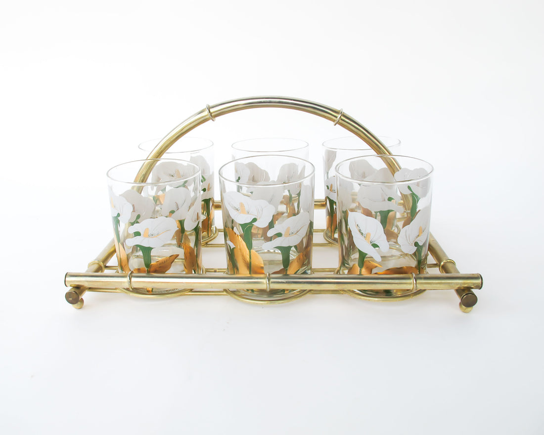 Set of 6 Culver Lilly glasses with Brass Bamboo Holder