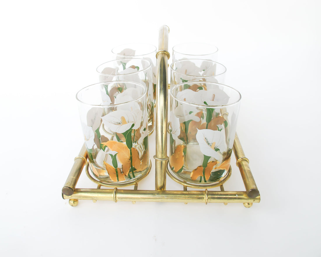 Set of 6 Culver Lilly glasses with Brass Bamboo Holder