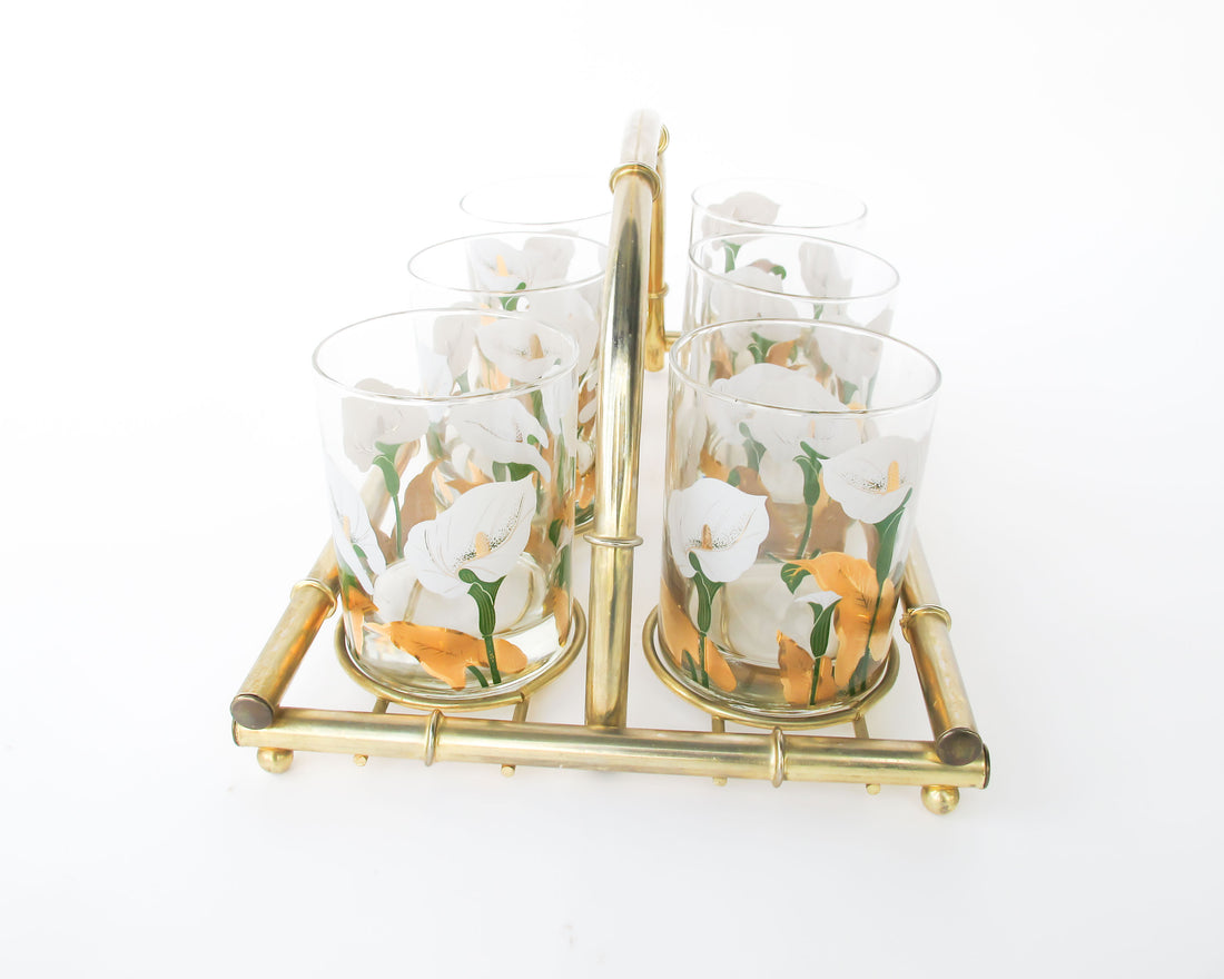 Set of 6 Culver Lilly glasses with Brass Bamboo Holder