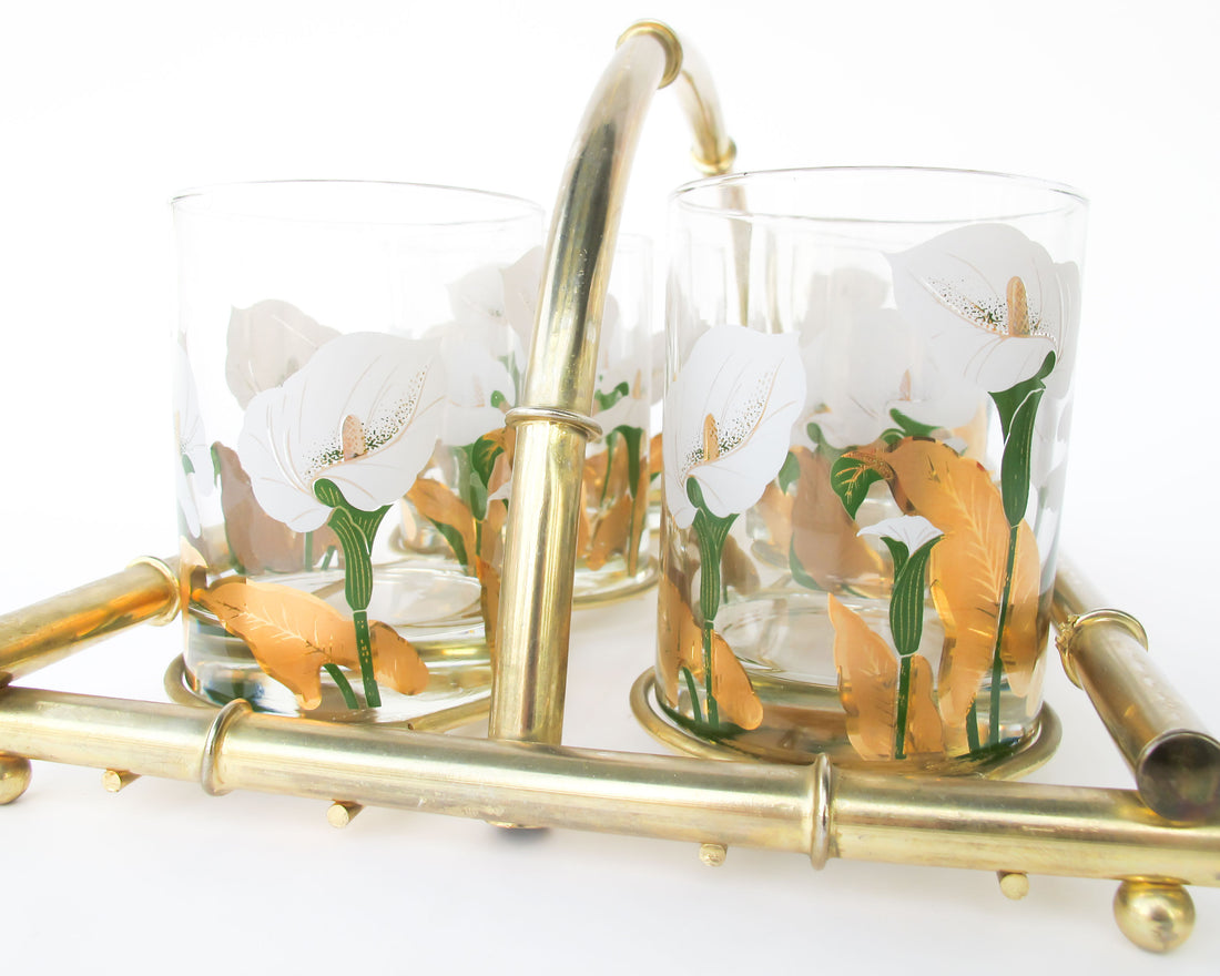 Set of 6 Culver Lilly glasses with Brass Bamboo Holder