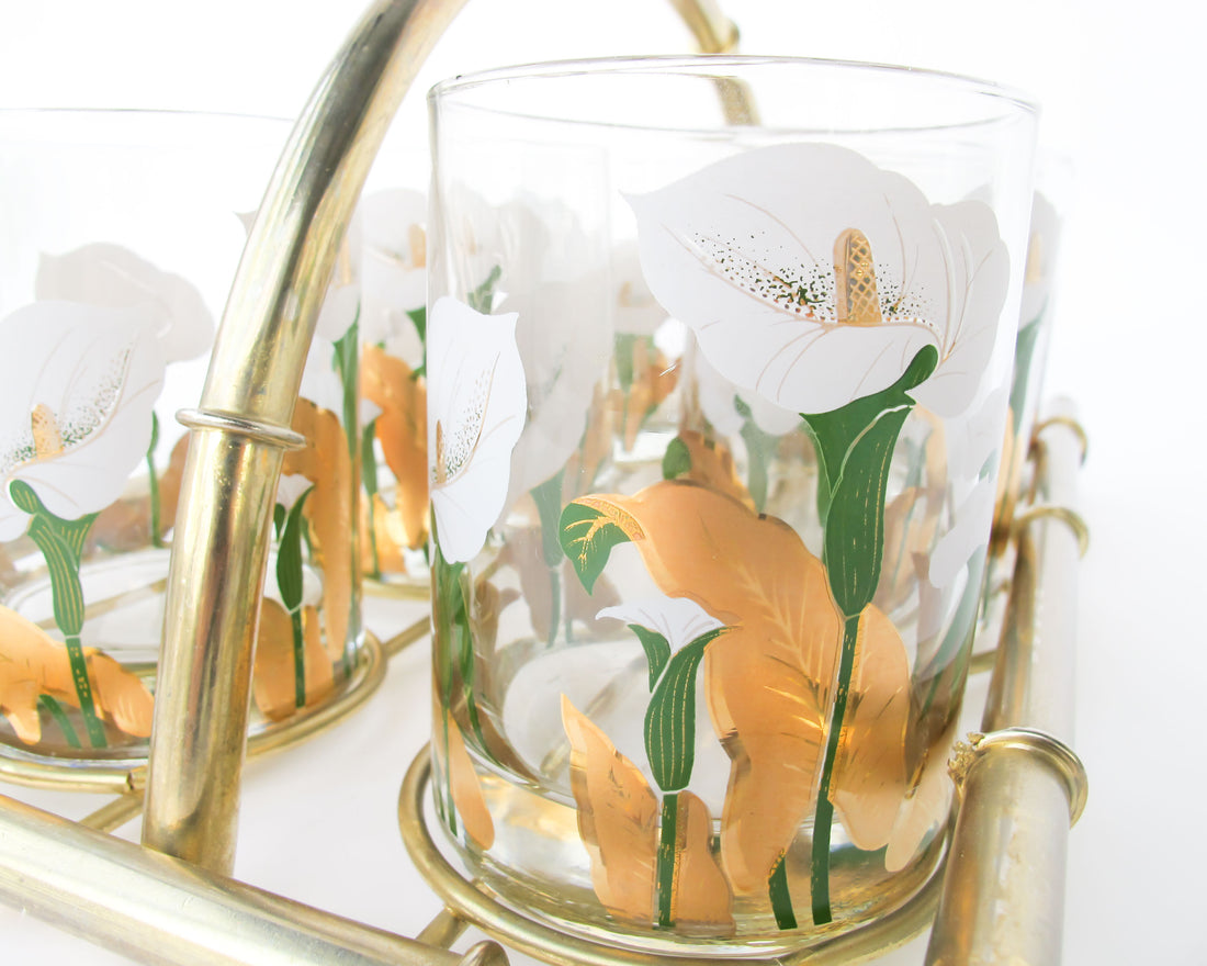 Set of 6 Culver Lilly glasses with Brass Bamboo Holder