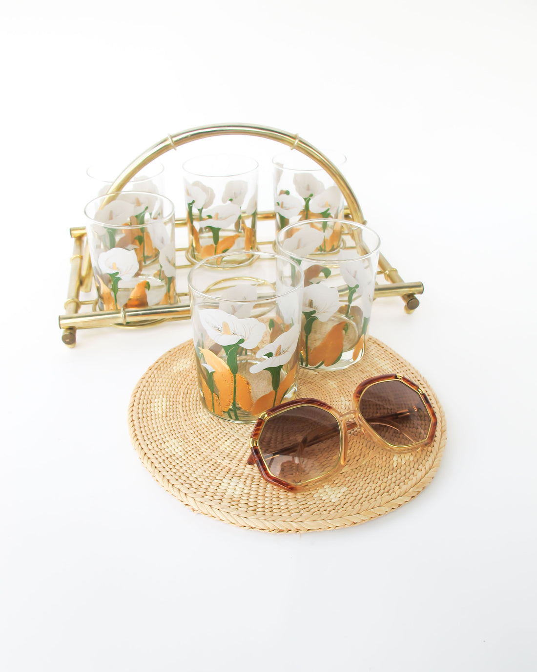 Set of 6 Culver Lilly glasses with Brass Bamboo Holder