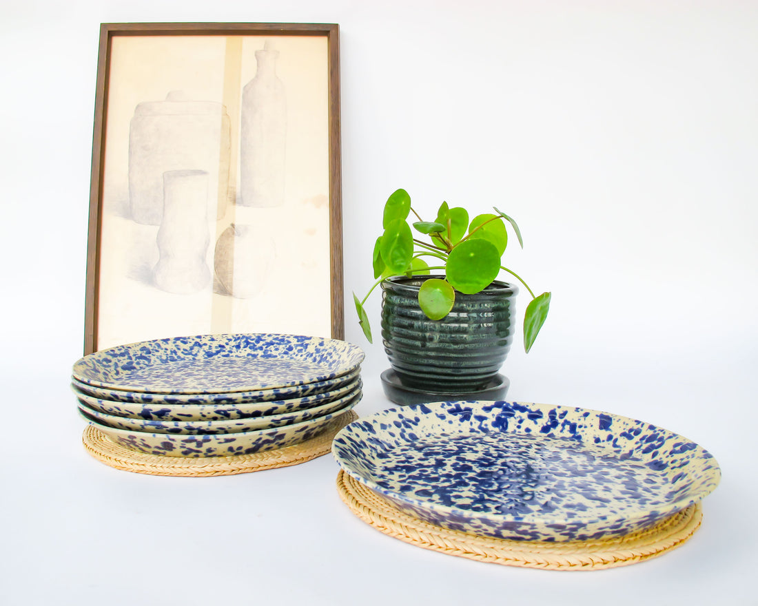 Blue Speckled Ceramic Plates By Bennington Potters Vermont - Set of 5