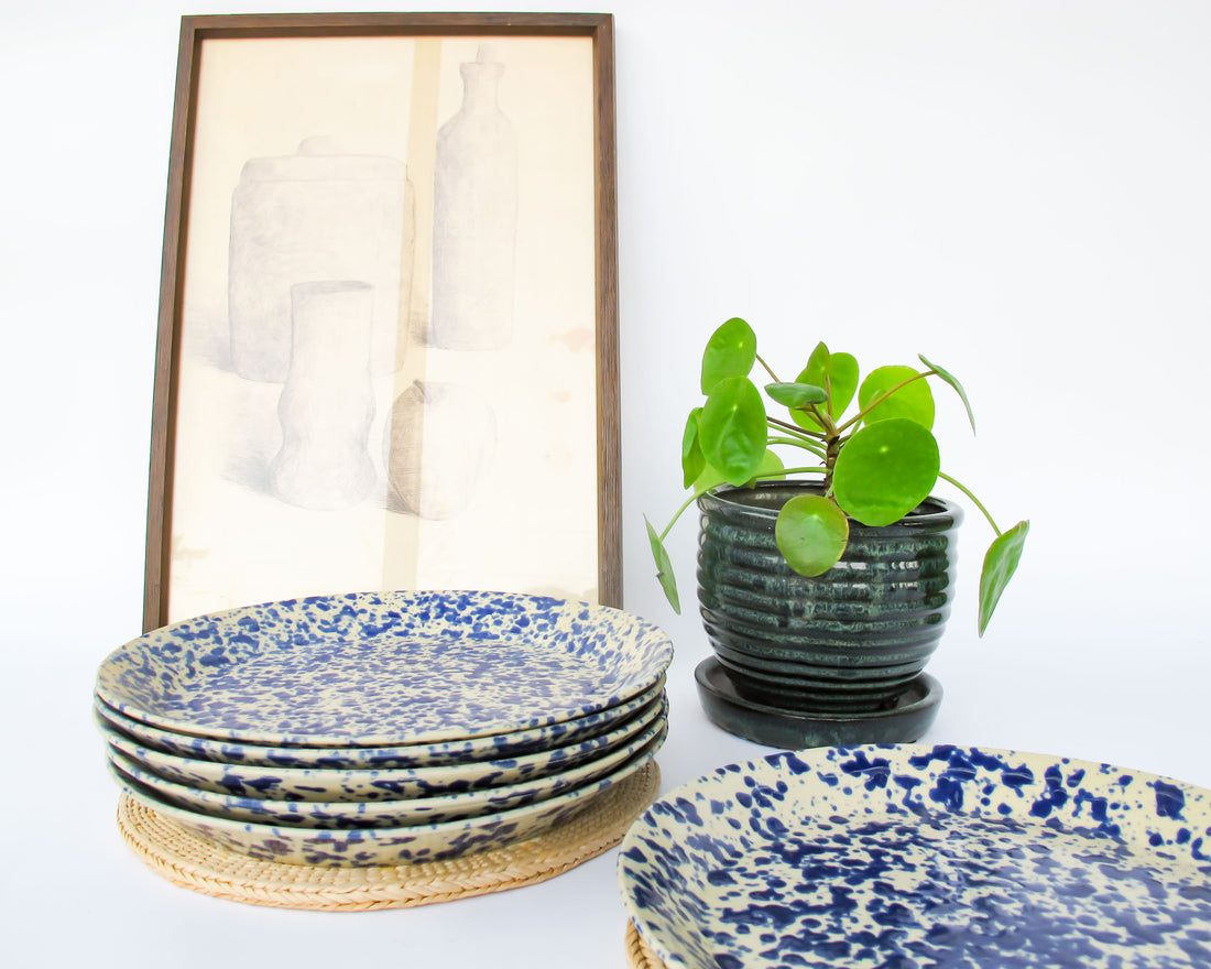 Blue Speckled Ceramic Plates By Bennington Potters Vermont - Set of 5