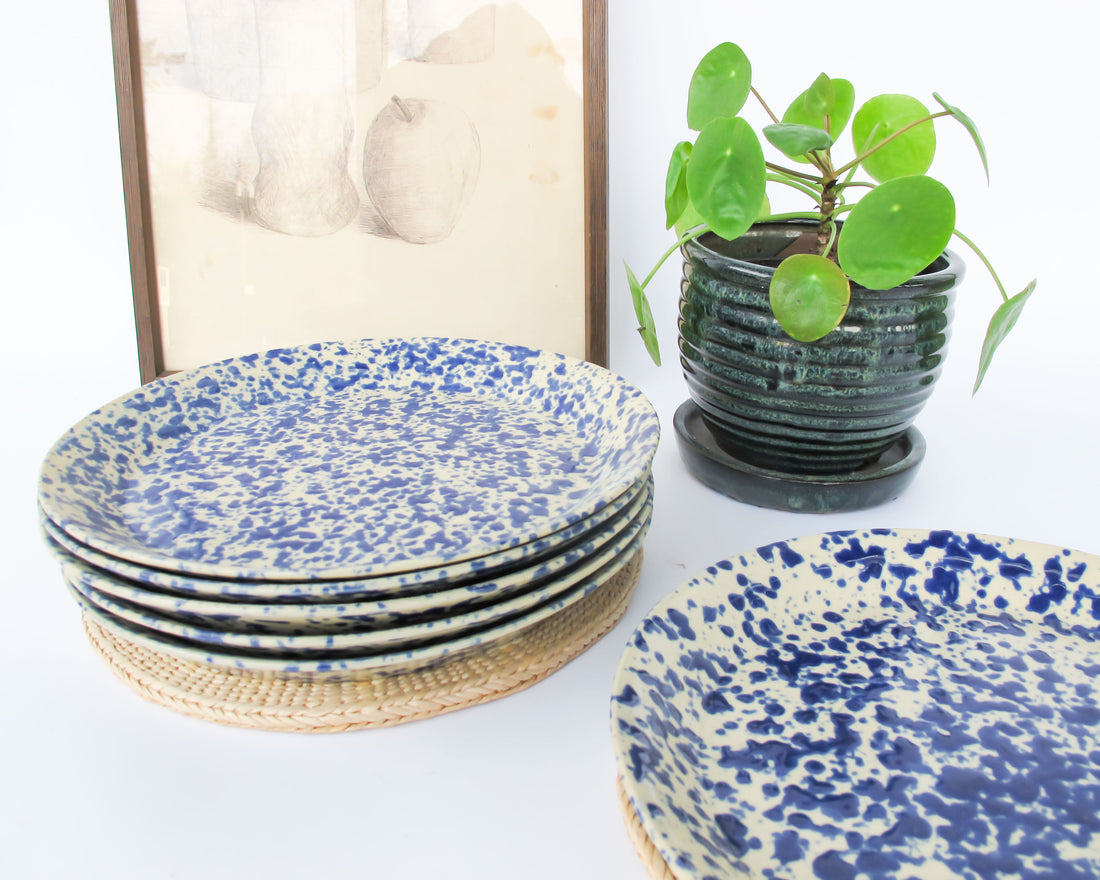 Blue Speckled Ceramic Plates By Bennington Potters Vermont - Set of 5