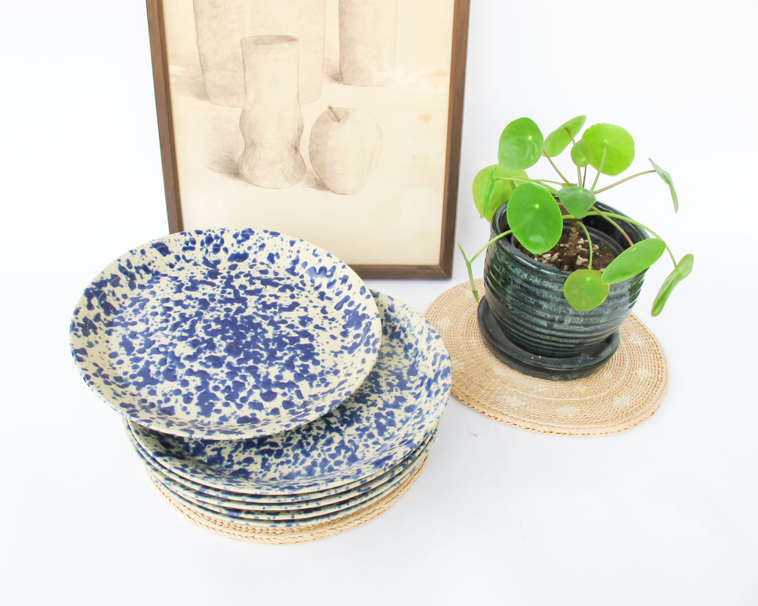 Blue Speckled Ceramic Plates By Bennington Potters Vermont - Set of 5