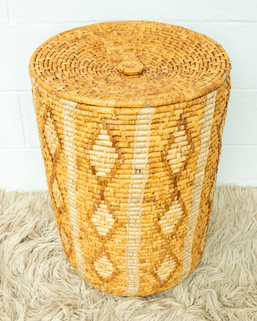 NEW - Large Neutral Woven Basket with Lid - with tan and cream accents - some fraying