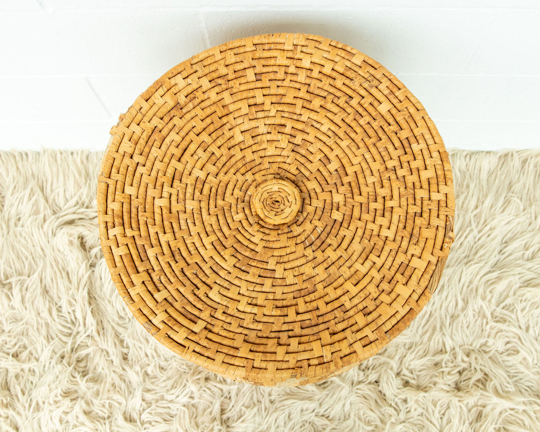 Large Neutral Woven Basket with Lid - with tan and cream accents - some fraying