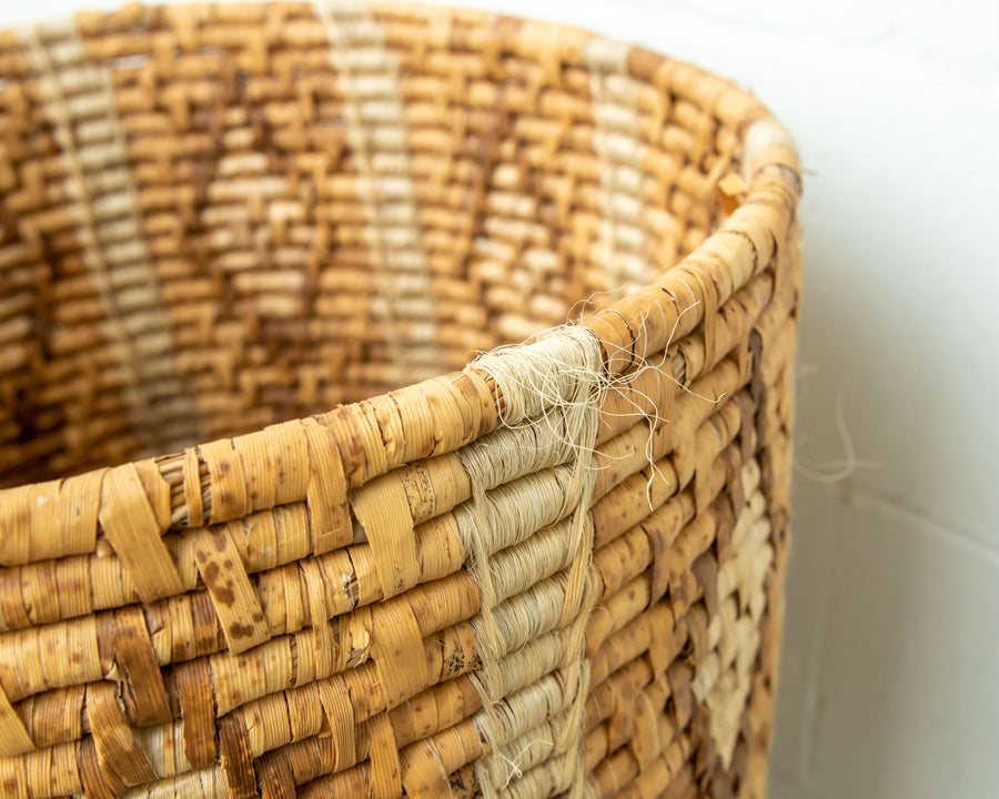 Large Neutral Woven Basket with Lid - with tan and cream accents - some fraying