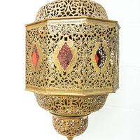 Moroccan Hanging Brass Lamp with red jewels