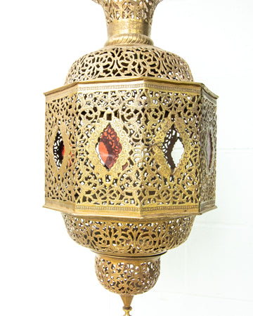 NEW - Moroccan Hanging Brass Lamp with red jewels