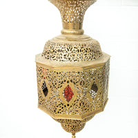 Moroccan Hanging Brass Lamp with red jewels