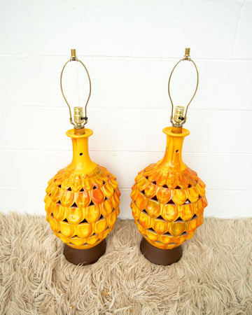 Set of Two Ceramic Bright Orange and Yellow Drip Glaze Lattice style side Table Lamps