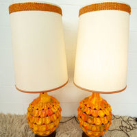 Set of Two Ceramic Bright Orange and Yellow Drip Glaze Lattice style side Table Lamps