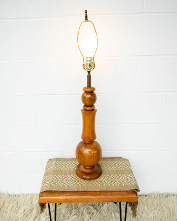 Wood Lathed Stacked Organic Shapes Tall End Table Lamp with No shade