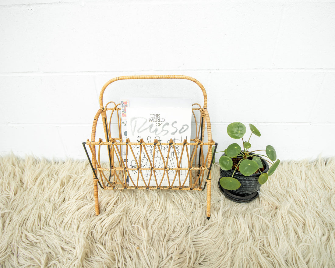 Cast Iron and Rattan Woven Rack