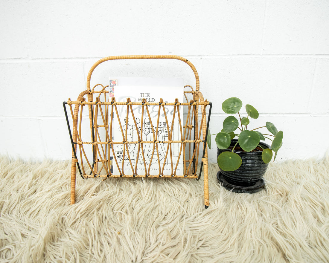 Cast Iron and Rattan Woven Rack