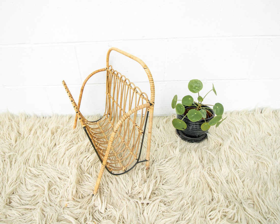 Cast Iron and Rattan Woven Rack