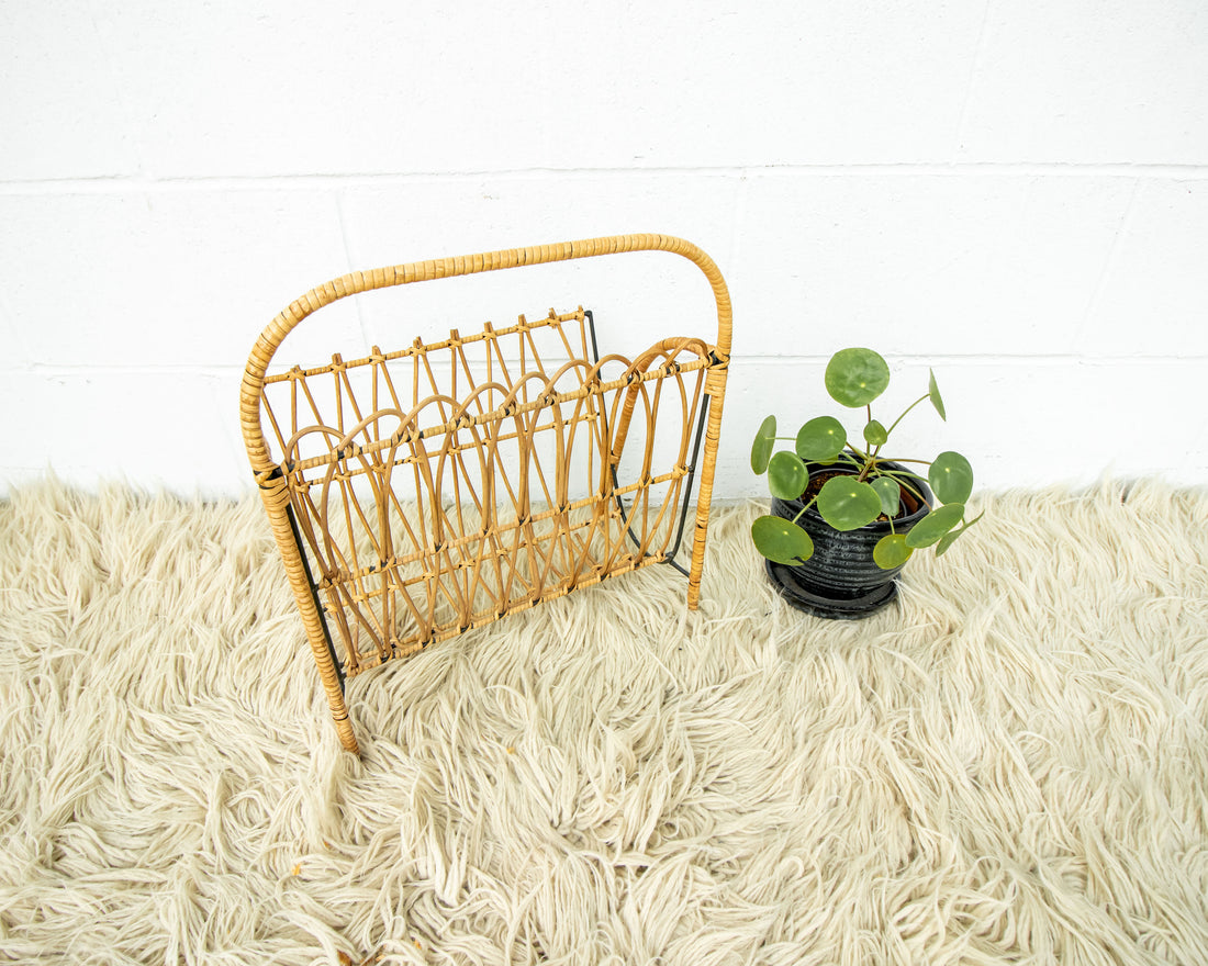 Cast Iron and Rattan Woven Rack