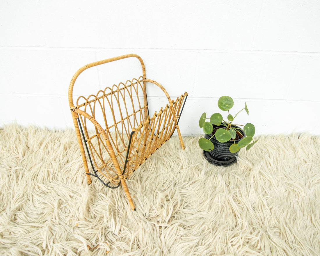 Cast Iron and Rattan Woven Rack