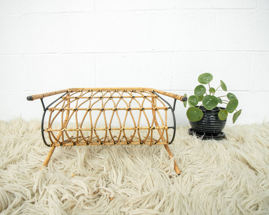 Cast Iron and Rattan Woven Rack