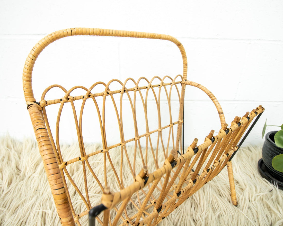 Cast Iron and Rattan Woven Rack