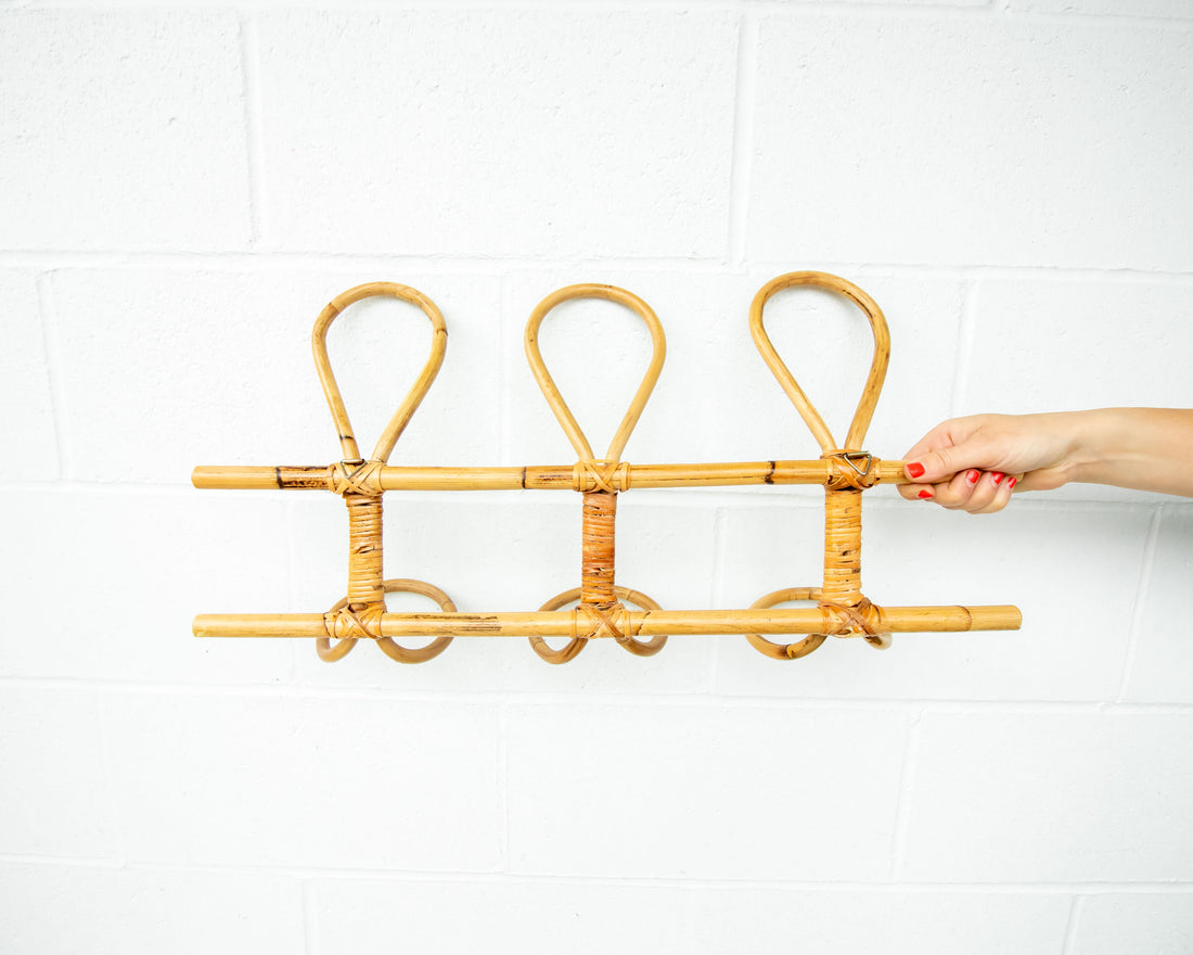 Bamboo Wall Rack with 3 loop hanging hooks