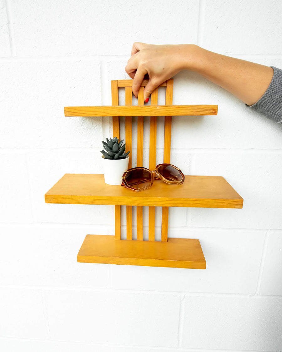 Slatted Three Tier Wood Wall Shelf