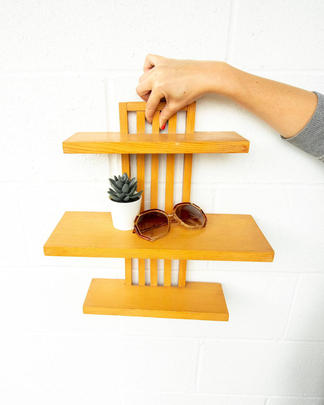 Slatted Three Tier Wood Wall Shelf