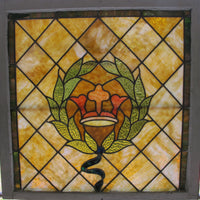 Amber, Coral, Navy, Light Green and Pink toned Salvaged Church Stained Glass Window
