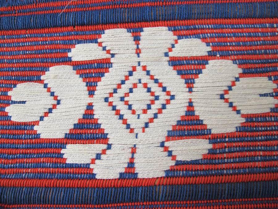 Beautiful Mid-Century Modern Red, Blue and White Textile Wall Hanging with Bamboo Rods