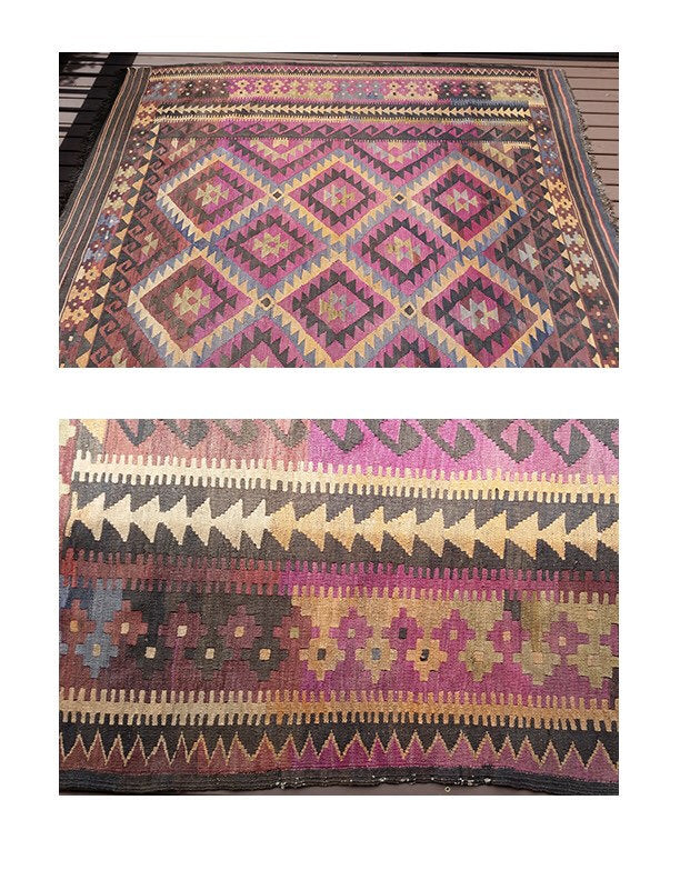 8' x 8' - Vibrant Large Kilim Woven Wool Rug in Pristine Vintage Condition