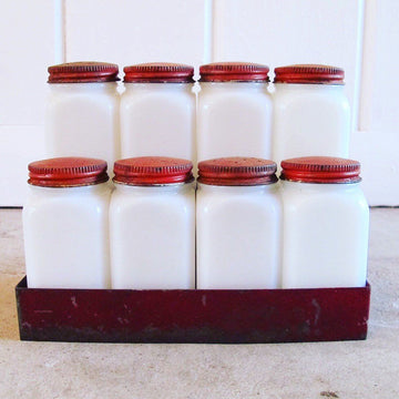 Vintage Set of 8 White Glass Spice Jars with Distressed Red Metal Lids and Rack