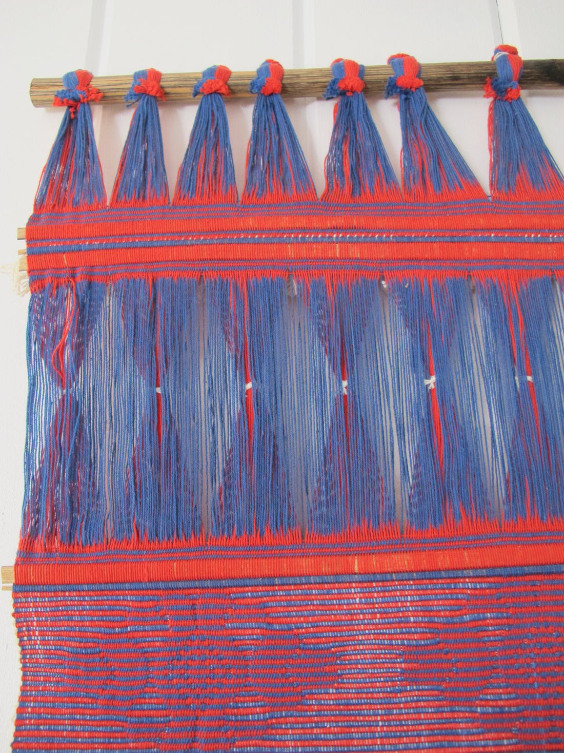 Beautiful Mid-Century Modern Red, Blue and White Textile Wall Hanging with Bamboo Rods