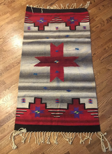 Beautiful Thick Tribal Woven Rug in Grey, Red, Black and Purple - with Green and Yellow Accents